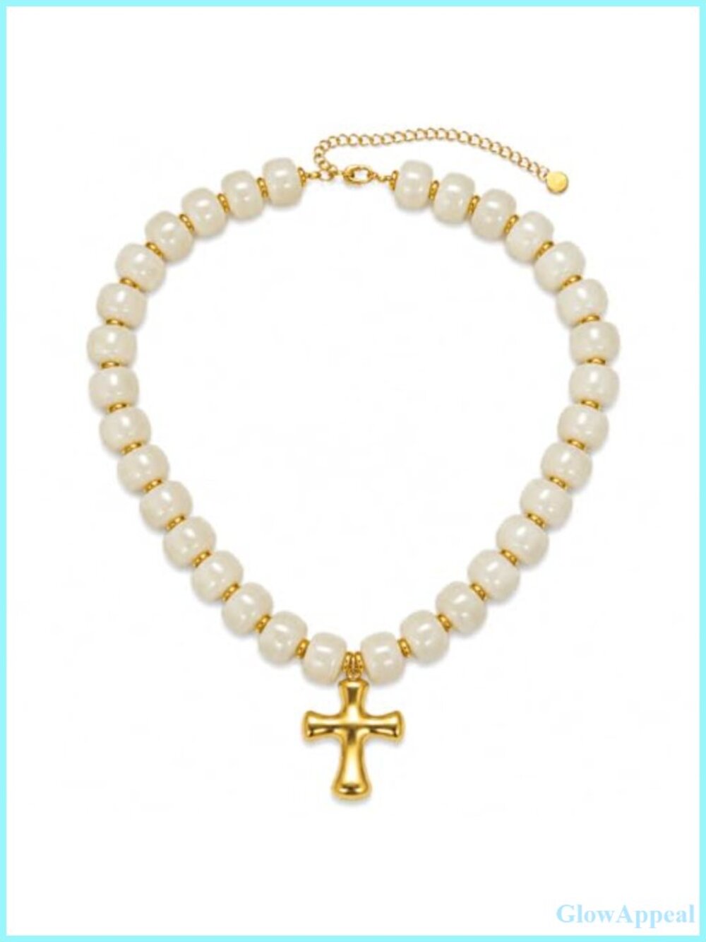 Chunky Beaded Necklace with Gold Cross Pendant Choker Adjustable Lobster Clasp